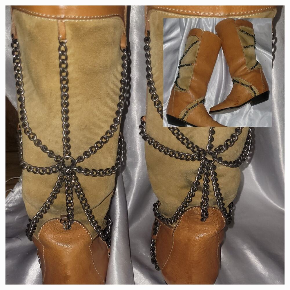 VINTAGE 1990s ITALIAN LEATHER MULTI STRAND CHAIN DRAPE, ORANGE & TAN, BOOTS
